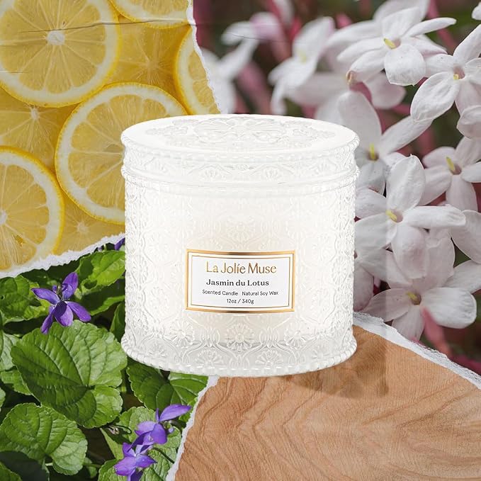 LA JOLIE MUSE Jasmine Lotus Scented Candles for Home, Natural Soy 2-Wick | Large Jar Luxury Candle, Clean Non Toxic, Gift for Women & Mom, Decorative White Candles, Pretty Floral Engaged Candle, 12 oz