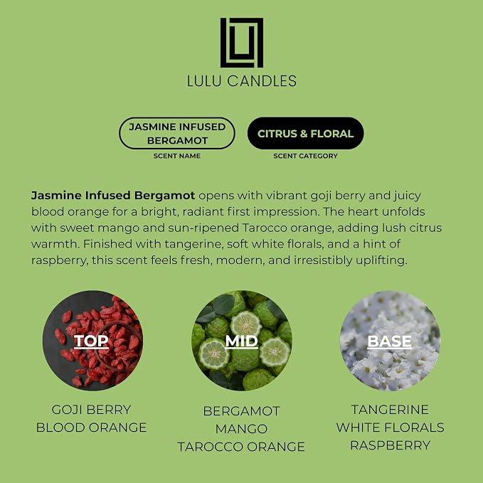 Lulu Candles | Jasmine Infused Bergamot | Luxury Scented Soy Jar Candle | Hand Poured in The USA | Highly Scented & Long Lasting- 9 Oz.