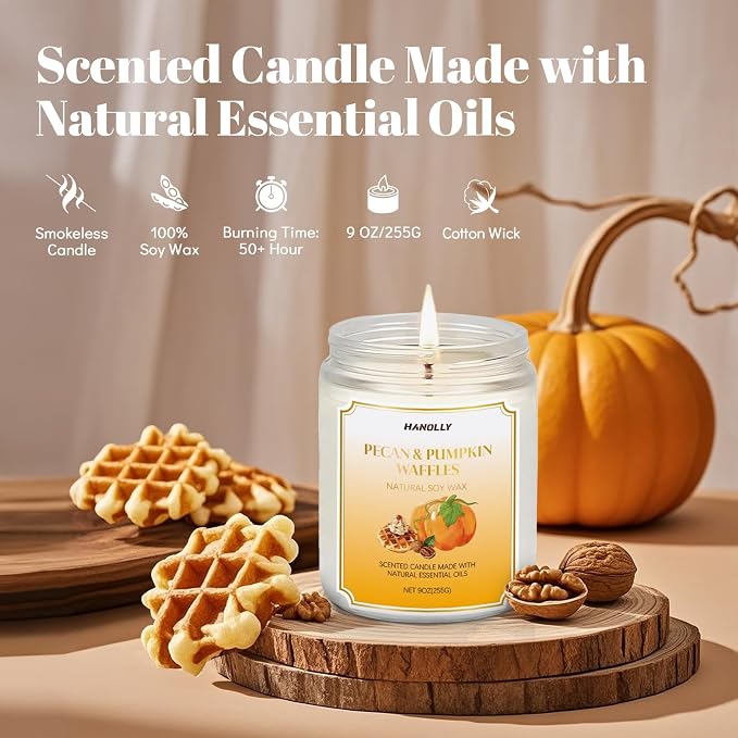Scented Candles,Pecan & Pumpkin Waffles Scents, 9 oz Scented Candles for Home Soy Candle Wax, Lasting Aromatherapy Candles Gifts for Women Men, Perfect for Creating a Holiday Ambiance