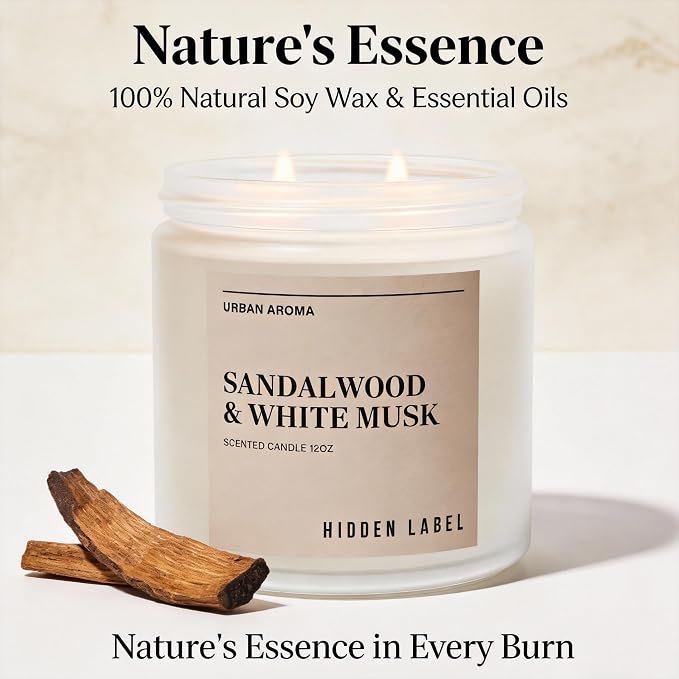 Hidden Label Sandalwood White Musk Soy Candle, 12oz 2-Wick, 70H Zen Calm | Non-Toxic Vegan Soy Wax | Sandalwood & White Musk Grounding Scent | Even Melt No Tunneling | Yoga Meditation Relaxation Gift