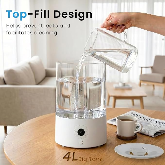 COWSAR Humidifier for Bedroom, 4L Top Fill Humidifier for Large Rooms, Easy Refill & Cleaning, Quiet 22dB, Baby Humidifier, Humidity Display, Up to 40H Runtime, Nightlight, Auto Shut-Off, White