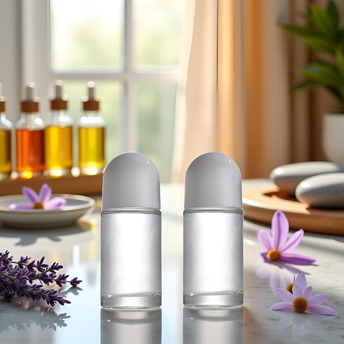 2Pcs White 50ML Glass Empty Roller Bottles with Plastic Roller Ball, Deodorant Roll On Containers Leak Proof Massage Ball Bottles with Cap for Essential Oil Perfume Cosmetics