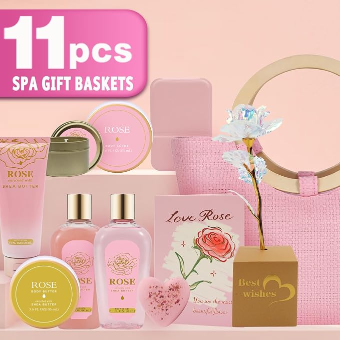 Spa Luxetique Gift Baskets for Women, Mothers Day Gifts for Mom, 11pcs Rose Sets, Relaxing Bath Sets for Women, Christmas Gifts for Her
