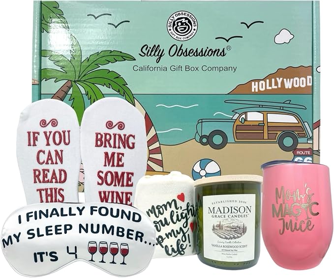 SILLY OBSESSIONS Wine Lover Gift Box for Mom – Funny Birthday Gift Basket for Mother, Wife, or Women – Includes Wine Tumbler, Aromatherapy Candle, Cozy Socks, Sleep Mask & Greeting Card