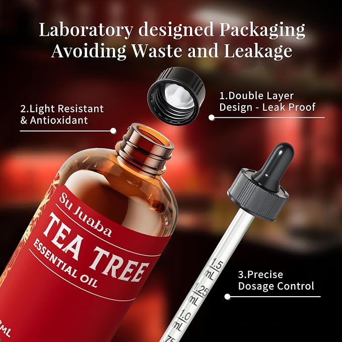 SU JUABA 4 Fl Oz Tea Tree Essential Oil, Aromatherapy Oil for Toenail, Skin, Face, Hair, Shampoo - 118ML