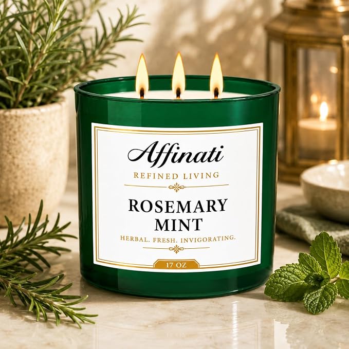 Affinati Rosemary Mint 3 Wick Scented Candle – Large Soy Blend Candle, Strong Scent Throw Fresh Herbal Spa Aromatherapy Candles for Home, Premium Room Odor Eliminator Gift