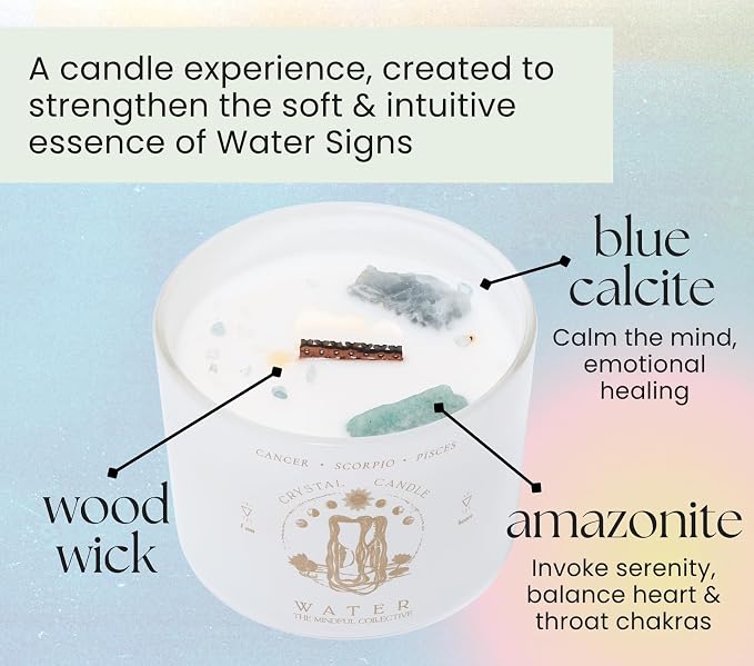Pisces, Cancer, Scorpio Gifts for Women - 12oz Wood Wick Candles that Crackle with Crystals and Healing Stones. Healing Crystal Candles for Women Home Scented. Soy Wax, for Zodiac Birthdate