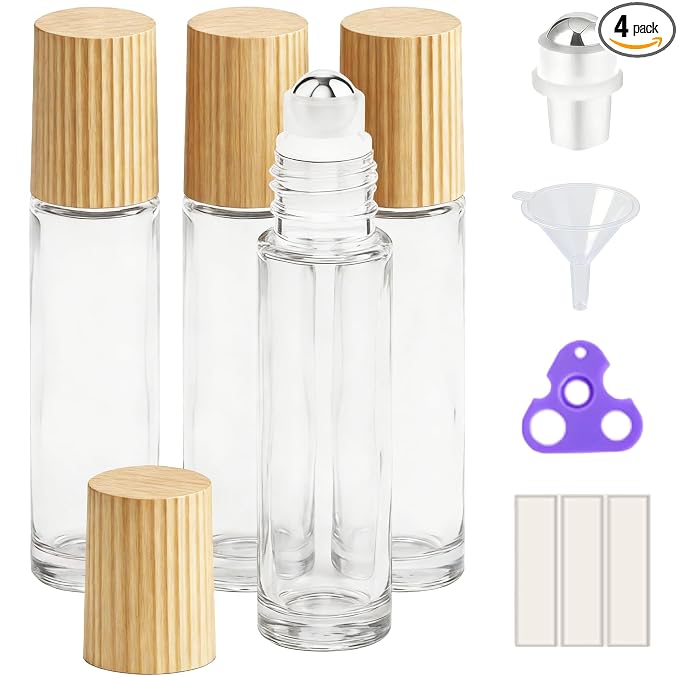 PrettyCare 4 Pack, 10 ml Essential Oil Roller Bottles with Stainless Steel Roller Ball - Refillable Leak-proof Empty Thick Clear Glass Roll on Bottles with Bamboo Caps for Travel, Perfume