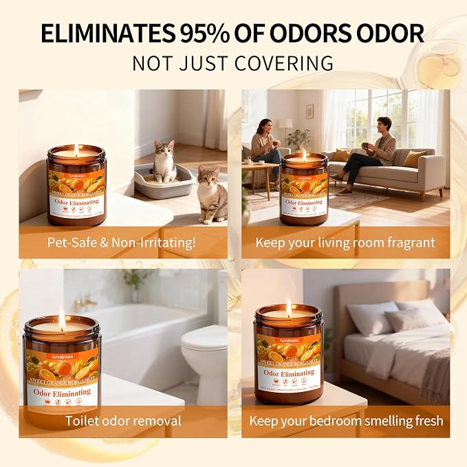 Sweet Orange Bergamot Odor Eliminating Candle | Eliminates 95% of Pet, Smoke, Food & Other Smells – Fresh Air Scented Candle Gentle for Family - Up to 50 Hour Burn time - 7 Oz Natural Soy Wax