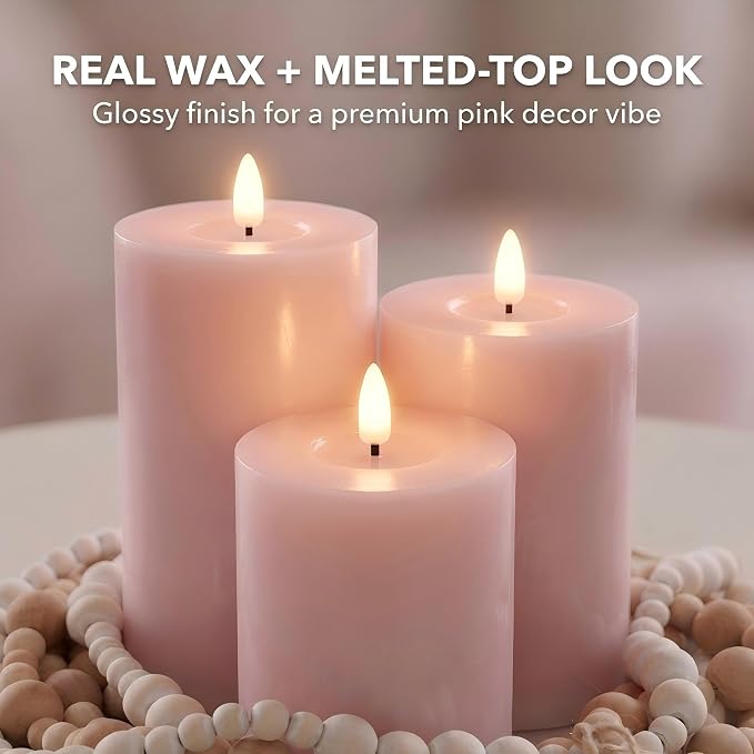 ANGELLOONG Pink Flameless Candles with Remote and Timer, Set of 3 Real Wax LED Pillar Candles Battery Operated Fake Candles for Pink Christmas Decor, Bedroom Bathroom