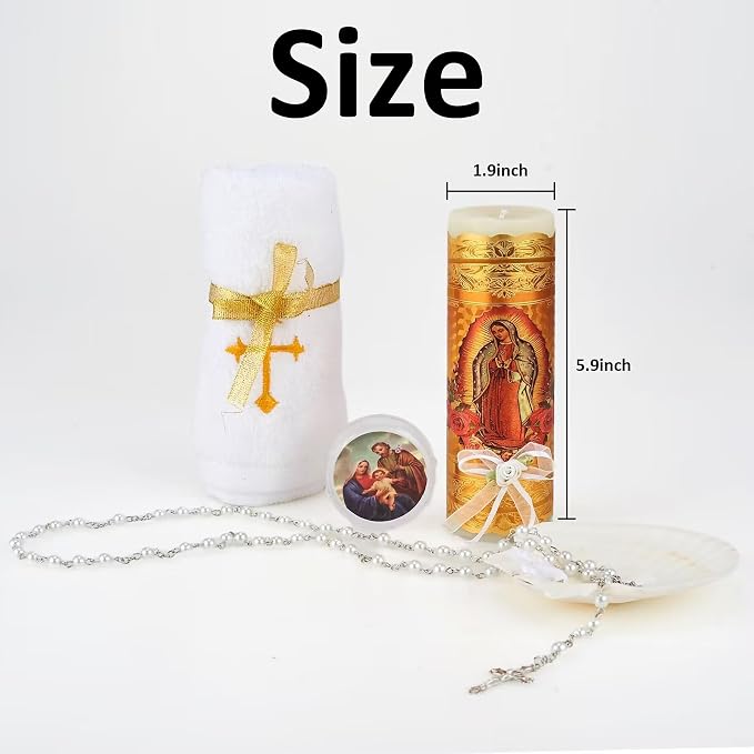 Catholic Baptism Candle Set for Boys and Girls - Includes Virgen de Guadalupe Candle, Towel, Rosary and Shell