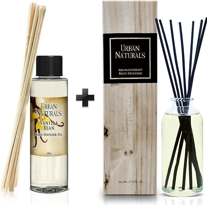Urban Naturals Vanilla Bean Reed Diffuser Refill, 4 oz, Bundle with Vanilla Bean Reed Diffuser Set - Made with Essential Oils in the USA