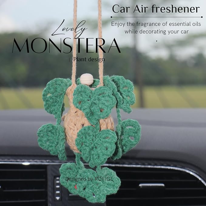 Cute Crochet Car Plant Monstera Essential Oil Diffuser Bottle - 12ml Refillable, Green Car Accessory for Mirror Decor and Home Decor