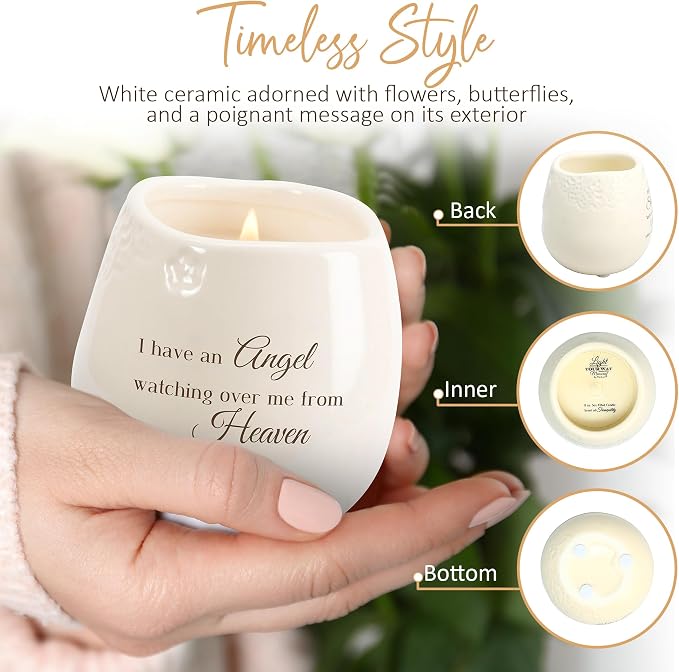 Pavilion Light Your Way Memorial Ceramic Vessel - 100% Soy Wax Candle with "I Have an Angel Watching Over Me From Heaven" Text, Decorative Soy Filled Candle, Scent of Tranquility, 8 oz, White