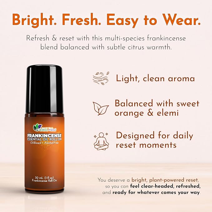 Frankincense Essential Oil Roll-On, 30mL (1 fl oz) – Pre-Diluted in Fractionated Coconut Oil (FCO) – Oil-Based, Alcohol-Free Aromatherapy Roller