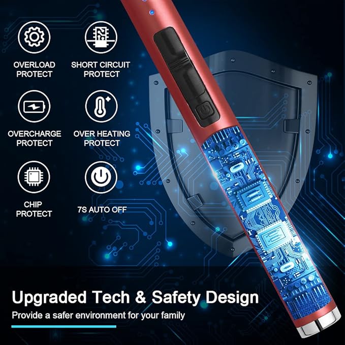 SUPRUS Electric Lighter Candle Type C Rechargeable Lighter with Upgraded LED Battery Display Safety Switch Flameless Plasma Windproof for Candle Cooking BBQs Fireworks Gift(Red)