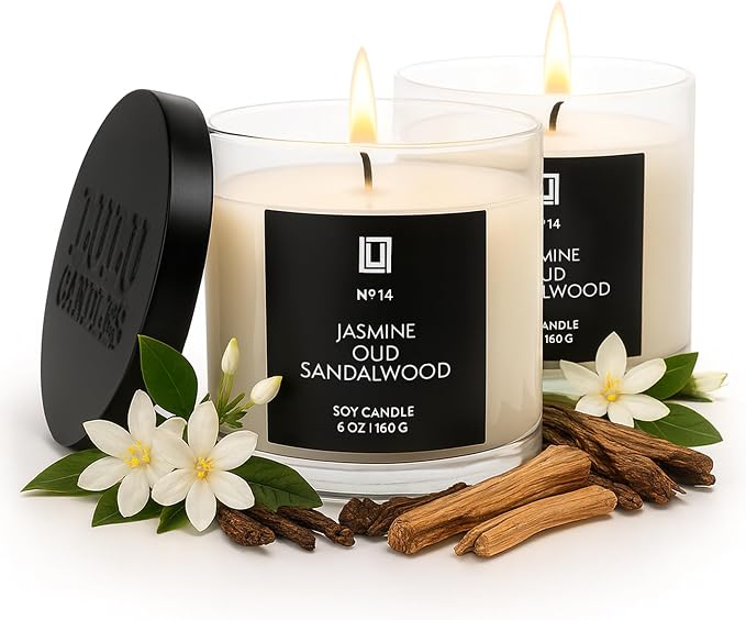 Lulu Candles | Jasmine, Oud & Sandalwood |Luxury Scented Soy Jar Candle | Hand Poured in The USA | Highly Scented & Long Lasting (6 Oz. 2 Pack)