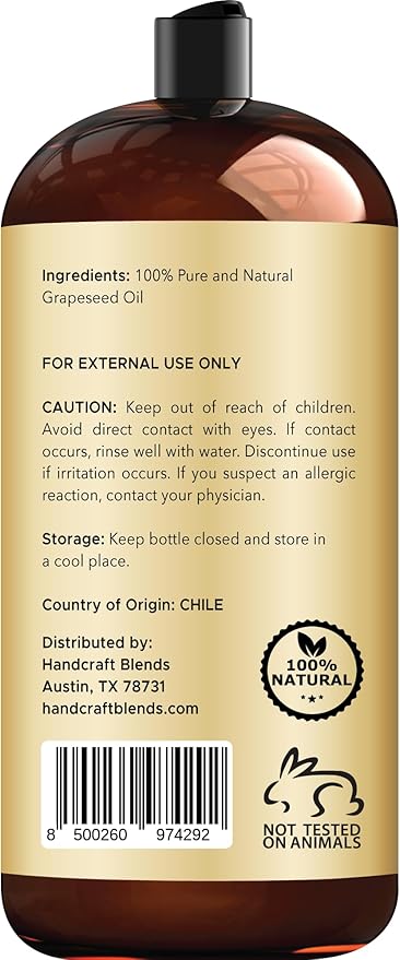 Handcraft Blends Grapeseed Oil | 100% Pure and Natural | Bath & Body Oil | Premium Grade Carrier Oil | Skin | Hair | Body | Massage | Cold-Pressed | Hexane-Free | 28 Fl Oz