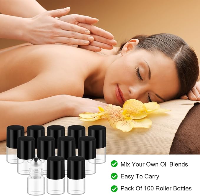 Cositina 100 Pcs Essential Oils Roller Bottles Mini Refillable Glass Perfume Bottles with Roller Balls for Home Travel - 1ml