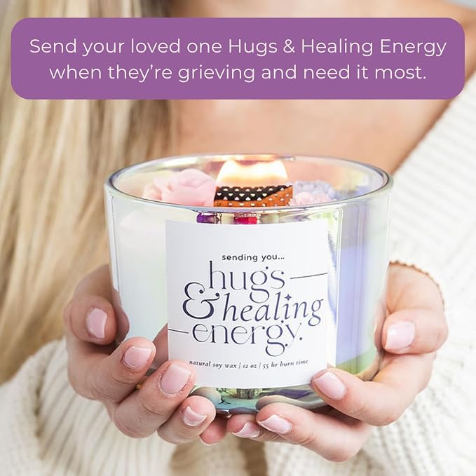 Sympathy Gifts for Loss of Loved One – Hugs and Healing Energy Sympathy Candle, 12oz Crackling Wood Wick Candle with Natural Soy Wax, Memorial & Grief Gift, Get Well Soon Gift