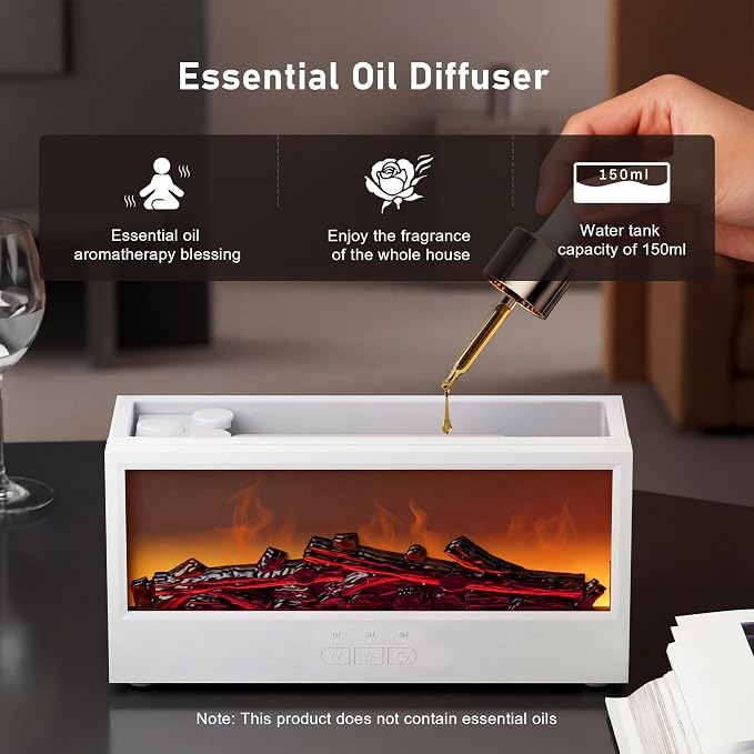 Fireplace Flame Air Diffuser Humidifier,7 Colors Aromatherapy Essential Oil Diffuser, Ultrasonic Aroma Humidifier with Remote Control & Timer for Bedroom, Home, Office, Yoga (White)