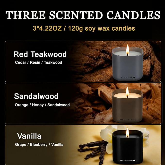 Men's Scented Candle Gift Set - 3 Pack Natural Soy Candles for Men,Teakwood, Sandalwood & Vanilla - Masculine Aromatherapy Gifts for Husband, Boyfriend, Dad & Father's Day