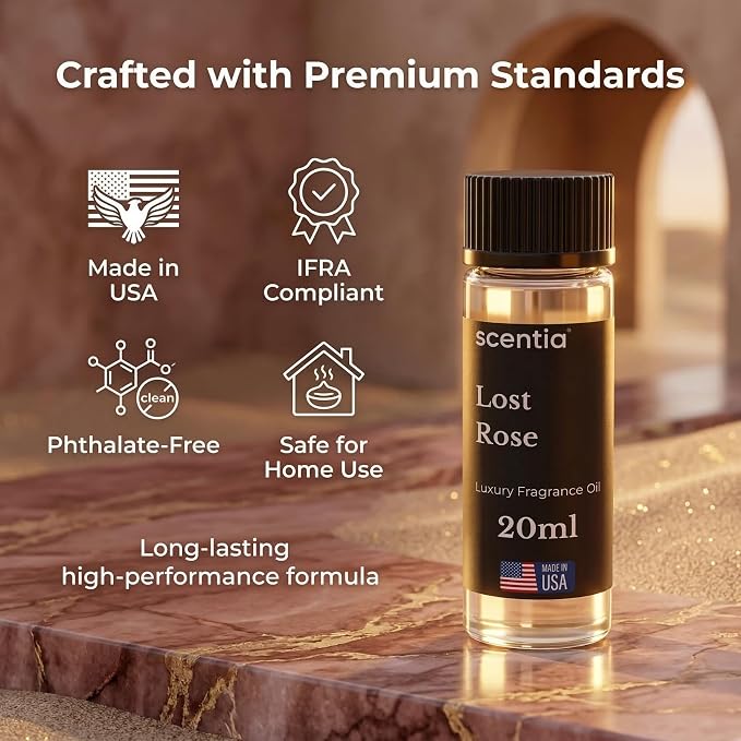 Scentia Lost Rose Aromatherapy Oil for Diffuser – Hotel Scent Inspired by Fairmont – 20 mL – Rose, Oud Wood & Clove Natural Fragrance Oil for Waterless & Cold Air Diffusers, Made in USA