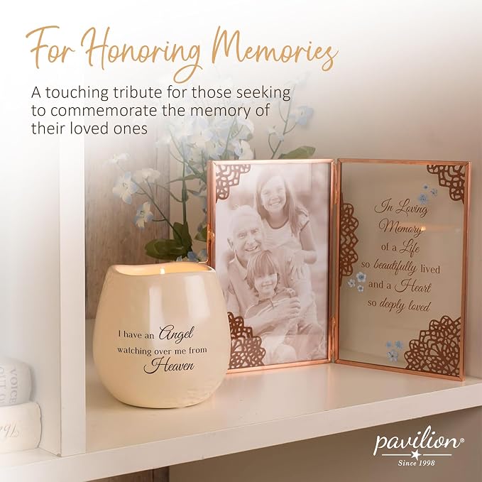 Pavilion Light Your Way Memorial Ceramic Vessel - 100% Soy Wax Candle with "I Have an Angel Watching Over Me From Heaven" Text, Decorative Soy Filled Candle, Scent of Tranquility, 8 oz, White