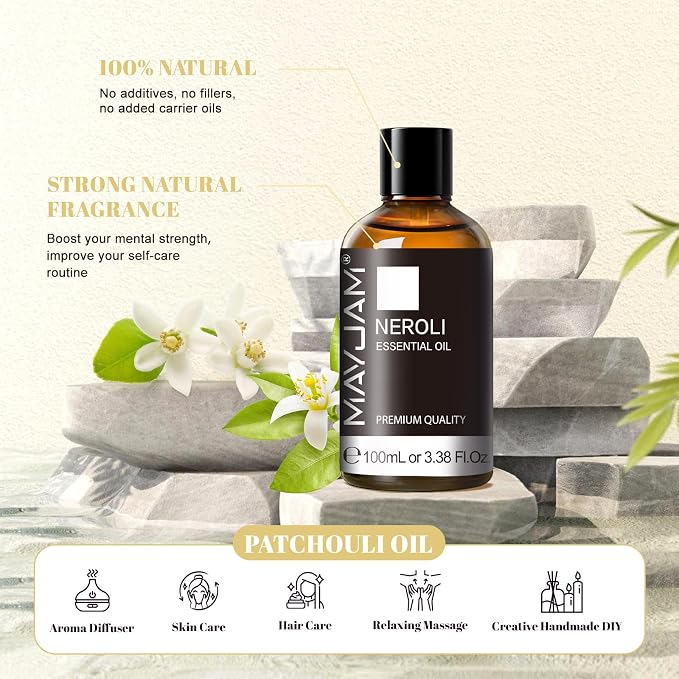 Neroli Essential Oil, MAYJAM Pure Essential Oils for Diffusers, 3.38FL.OZ/100ML Large Volume Neroli Oil with Premium Glass Dropper
