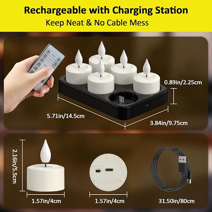 Yme Rechargeable Tea Lights with Remote Timer and Charging Base, 6 Pack LED Battery Operated Flickering Flameless Candles, Electric Tea Lights Votive Candles for Home Wedding Party Holiday Decor