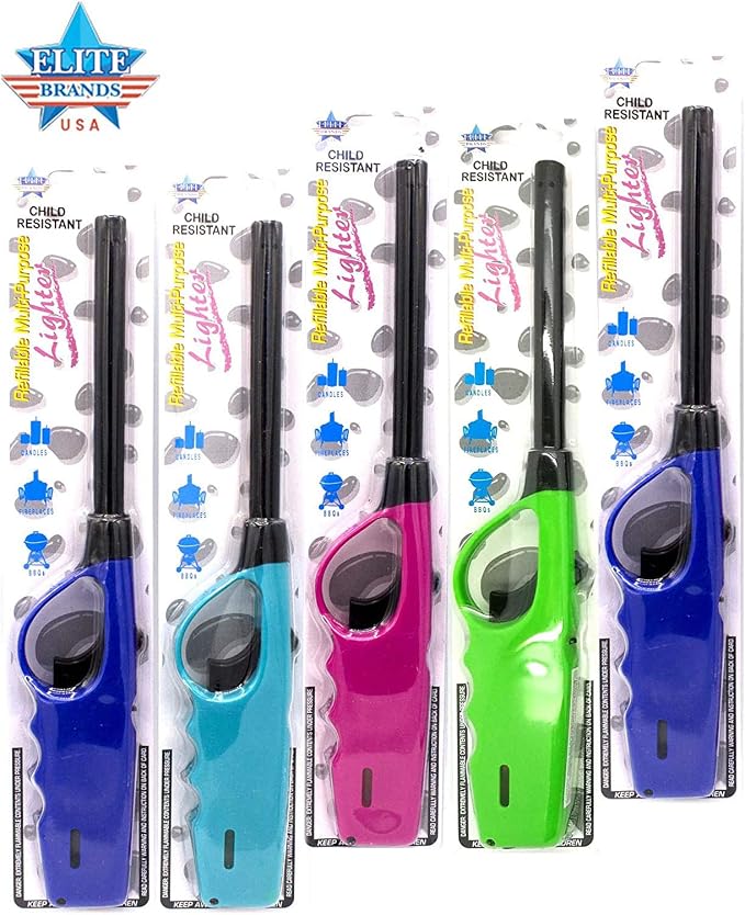 Long Lighters Pack, 5 Pack of Butane Refillable Fire Lighters, Ideal as Multipurpose Utility Lighters BBQ Lighters Grill Lighters Kitchen Lighters, Multicolor, Large