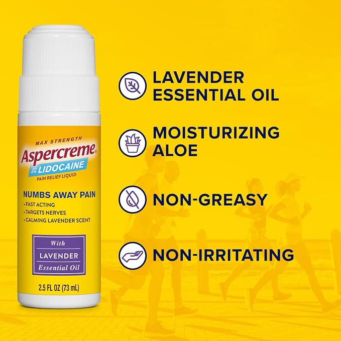 Aspercreme Essential Oils Lidocaine Pain Relief with No-Mess Roll-On Applicator, Max-Strength Lidocaine Numbs Away Nerve Pain, Moisturizing Aloe Hydrates Skin, Lavender, 2.5 Oz.