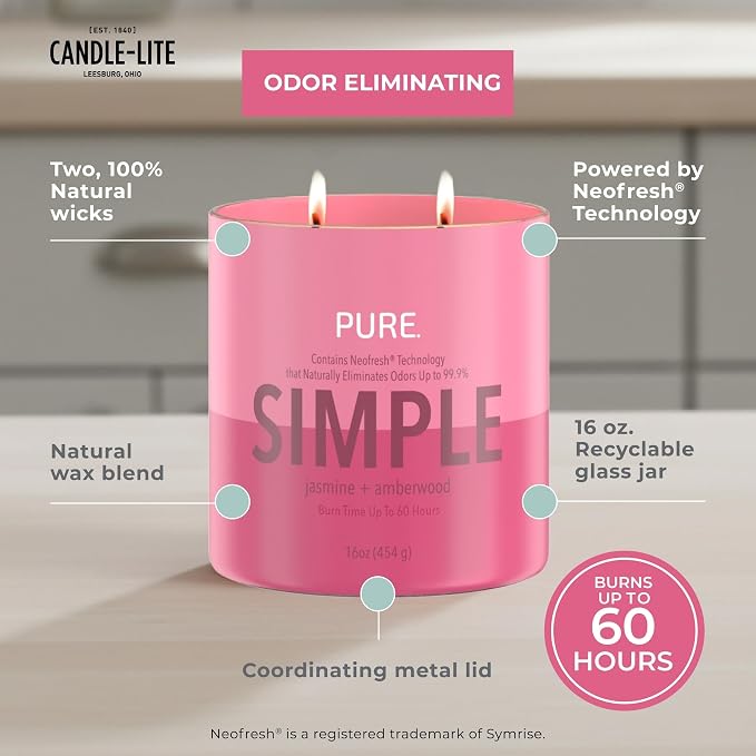 Candle-Lite Pure Jasmine & Amberwood Odor Eliminating Scented Candles, Neofresh Technology Eliminates 99.9% of Odors, 16 oz 2-Wick Jar, Proudly Poured in The USA, Up to 60 Hours Burn Time