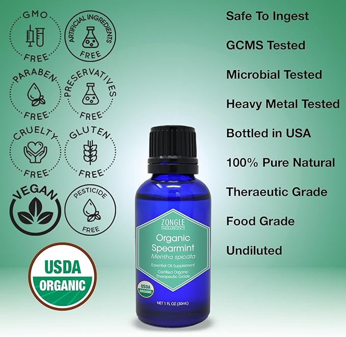 Organic, Spearmint Oil, Food, Grade, for Facial Hair, PCOS, Hair Removal – 100% Pure, Therapeutic, Spearmint Essential Oil, by Zongle Therapeutics, 1 OZ