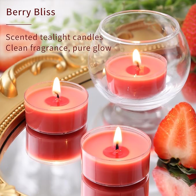 DEVI Strawberry Scented Tealights Candles 48 Pack, 3.5-4 Hours Natural Palm Tea Candles Bulk for Home Scented, Red Small Votives with Essential Oils for Home Aromatherapy, Gifts