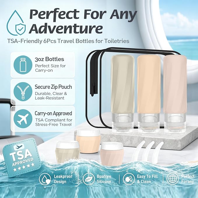 6Pcs Travel Bottles for Toiletries, TSA Approved Travel Size Toiletries Containers Set, BPA-FREE Silicone Leak Proof Refillable Bottles and Jars, Women & Men Airplane Cruise Essentials Kit(CREAM)