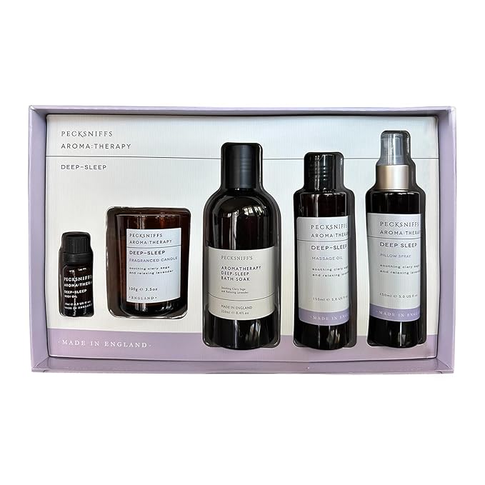Pecksniff's Fragrance Gift Sets Luxurious, Handcrafted in England (Aroma:Therapy Deep-Sleep: Bath Soak, Candle, Pillow Spray, Massage Oil)