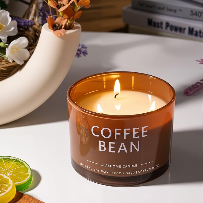 Coffee Bean Scented Candle, Luxury Large 3 Wick Soy Candle 12 Oz, 60+ Hour Long Lasting Clean Burn, Elegant Aromatherapy Home Decor, Housewarming & Birthday Gift for Men & Women