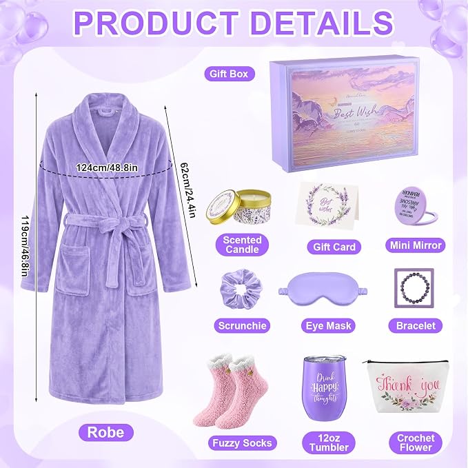 Sieral 12 Pcs Birthday Gifts for Women Spa Basket Set for Women Mother's Day Gifts Flannel Bathrobe Tumbler Scented Candle Makeup Bag Eye Mask Mirror Bracelet for Mom, Nurse, Wife, Girlfriend
