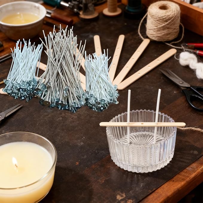 Candle Wicks for Candle Making, 200Pcs 4 Inch + 100Pcs 6 Inch Pre-Waxed Cotton Candle Wicks Kit with 300Pcs Wick Stickers, 20Pcs Candle Wick Holders & Clips, Candle Making Supplies for DIY Candles
