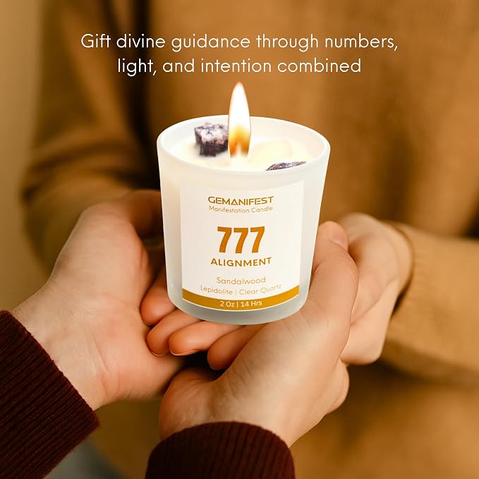 Angel Number 777 Manifestation Candle Crystal Infused Soy Wax with Lepidolite and Clear Quartz Sandalwood Scented Spiritual Gift for Alignment and Energy Clarity