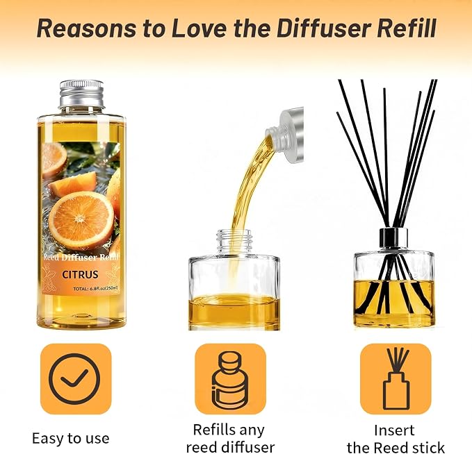STRN Reed Diffuser Oil Refill, Citrus Scented Diffuser Oil Refills with 6 Reed Sticks 200ML(6.8fl.oz), Room Fresheners for Home, Long-Lasting Summer Fragrance for Living Room, Bedroom, Office