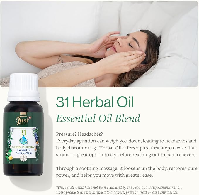 Swiss Just - Oil 31-20ml Bottle - Essential Oil Blend - Ideal for Massage, Bath, and Aromatherapy