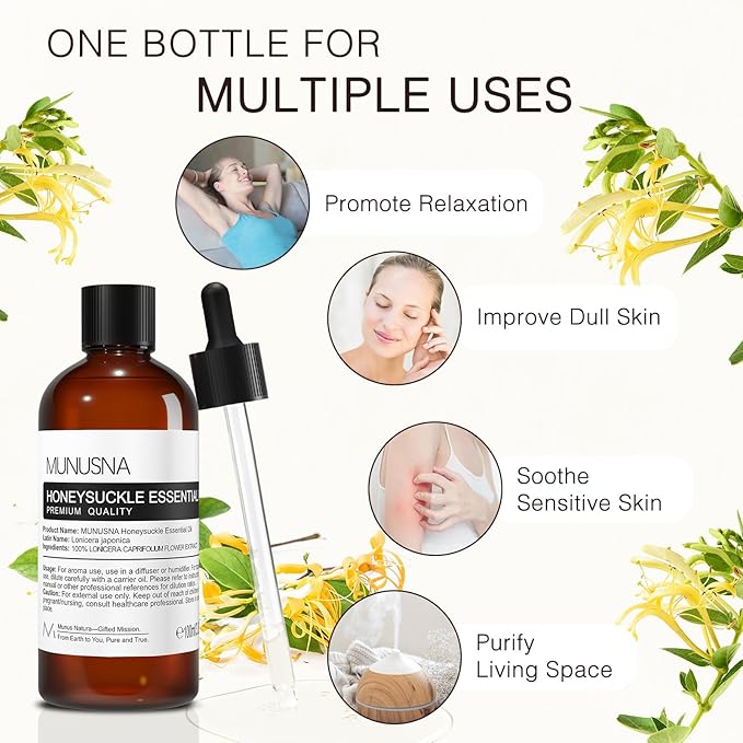 Honeysuckle Essential Oil 100ML, 100% Pure Honeysuckle Oil Aromatherapy Oil for Diffuser, Skin and Hair Care, Massage, Yoga, Home, Soap and Candle Making