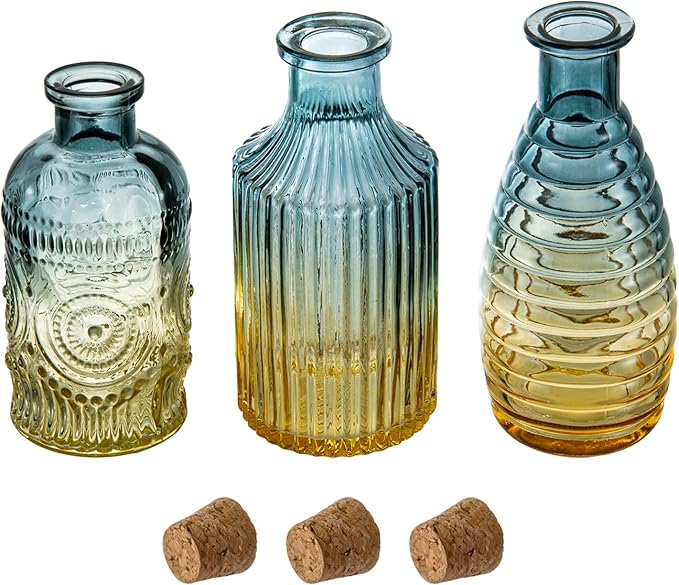 MyGift Small Blue Yellow Gradient Glass Reed Diffuser Bottles, Vintage Embossed Apothecary Style Flower Bud Vases with Cork Lids, Assorted Designs and Sizes, Set of 3