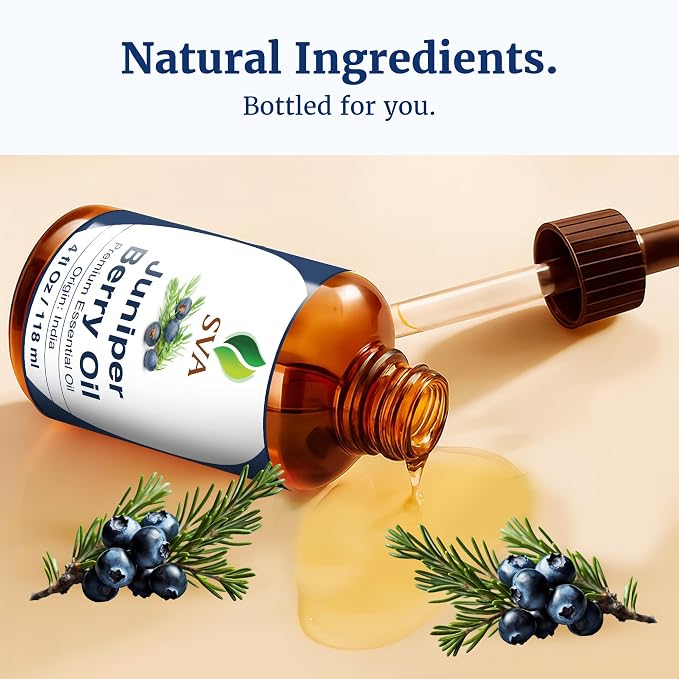 SVA Juniper Berry Essential Oil – 4 Fl Oz – 100% Natural Juniper Oil - for Diffuser, Hair Care, Face, Skin Care, Aromatherapy, Scalp and Body Massage, Soap and Candle Making – with Dropper