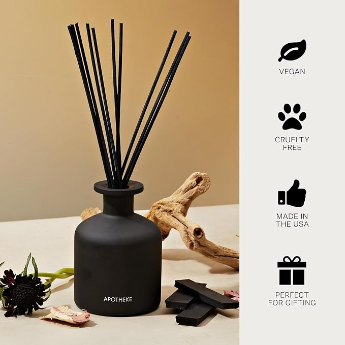 Apotheke Luxury Scented Reed Diffuser for Home, Charcoal - 6.7 Fl Oz Essential Oil Aromatherapy - 10 Rattan Scent Sticks Room Diffuser - Long-Lasting Fragrance for Bedroom, Home, Bathroom
