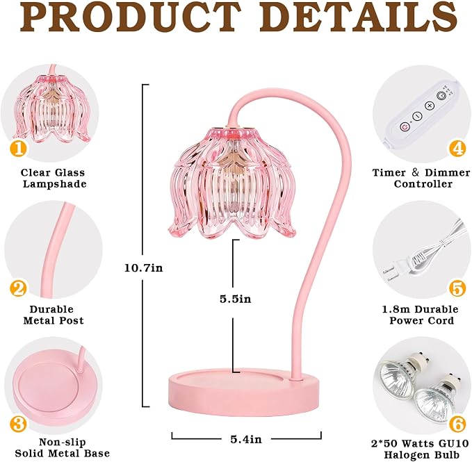 Funistree Flower Candle Warmer Lamp with Timer, Dimmable Candle Lamp Warmer, Christmas Birthday Gifts for Women Mom Her, Housewarming Home Decor, Lotus Wax Warmer for Yankee - Full Pink 10 Inch