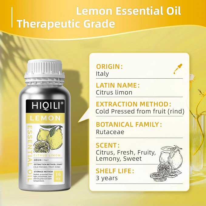 HIQILI Lemon Essential Oil for Cleaning, Degreasing & Household Use, Skin Care, Aromatherapy, Diffuser - 16 Fl Oz
