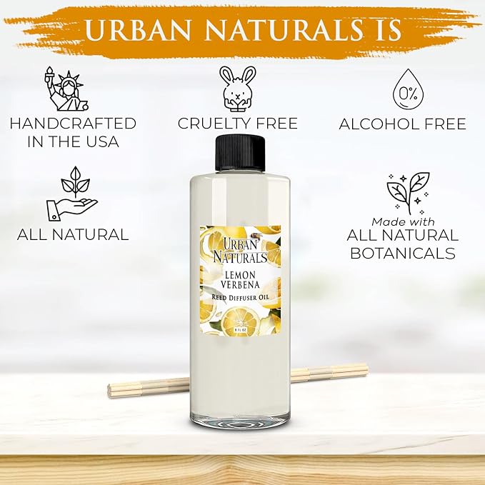 Urban Naturals Reed Diffuser Oil Refill Lemon Verbena with Lemon Zest, Bergamot, Vetiver, Cedarwood 8 oz + Free Reed Sticks, Made in the USA